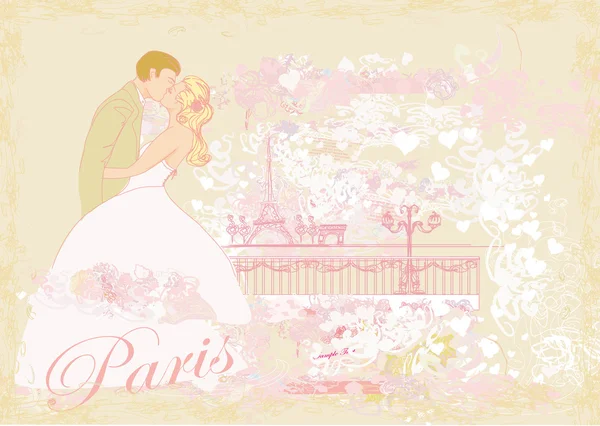 Coppia romantica a Parigi che si bacia vicino alla Torre Eiffel. Scheda retrò. — Vettoriale Stock