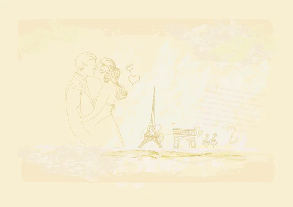 Romantisch stel in Parijs zoenen vlakbij de Eiffeltoren. Retrokaart. — Stockvector