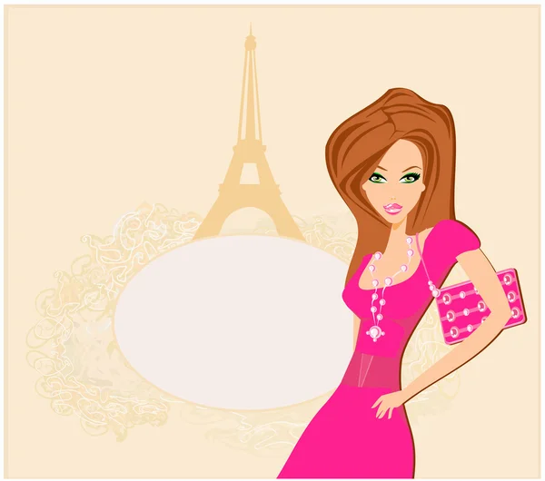 Hermosas mujeres Compras en París - tarjeta vectorial — Vector de stock