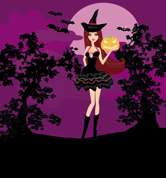 Halloween boszorkány áll tök — Stock Vector