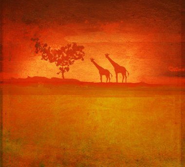 Grunge background with African fauna and flora , raster clipart