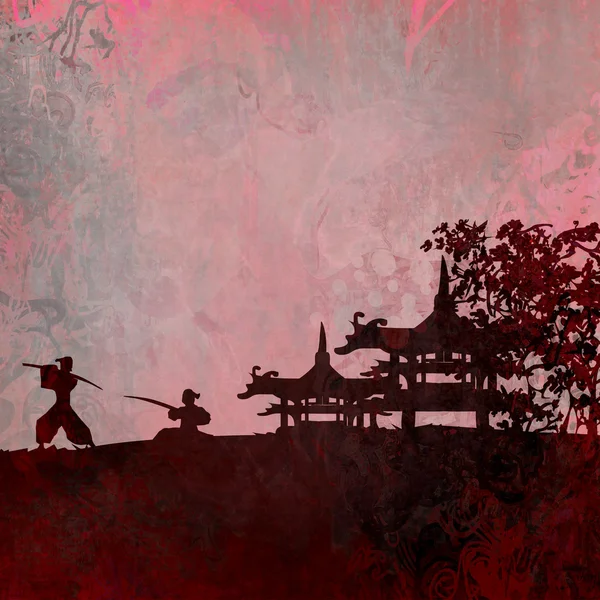 Silueta samuraje v asijské krajiny, raster — Stock fotografie