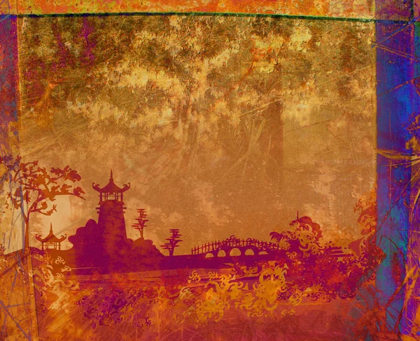 Oud papier met Aziatische landschap, raster — Stockfoto