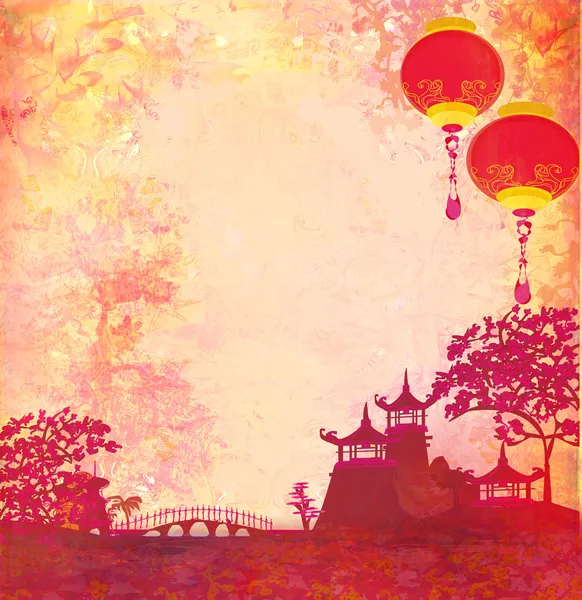 Vecchia carta con paesaggio asiatico e lanterne cinesi - sfondo in stile giapponese vintage, raster — Foto Stock
