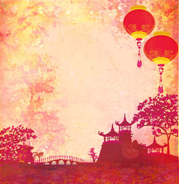 Old paper with Asian Landscape and Chinese Lanterns - vintage japanese style background , raster
