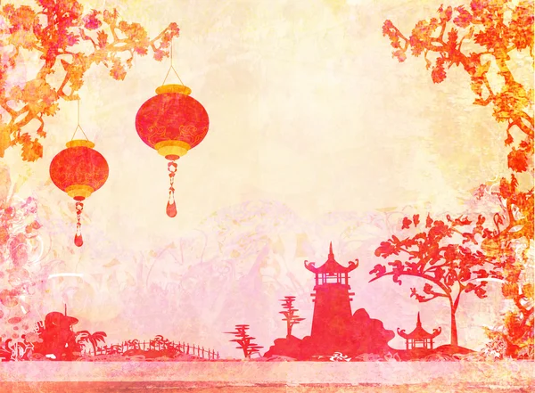 Vecchia carta con paesaggio asiatico e lanterne cinesi - sfondo in stile giapponese vintage, raster — Foto Stock