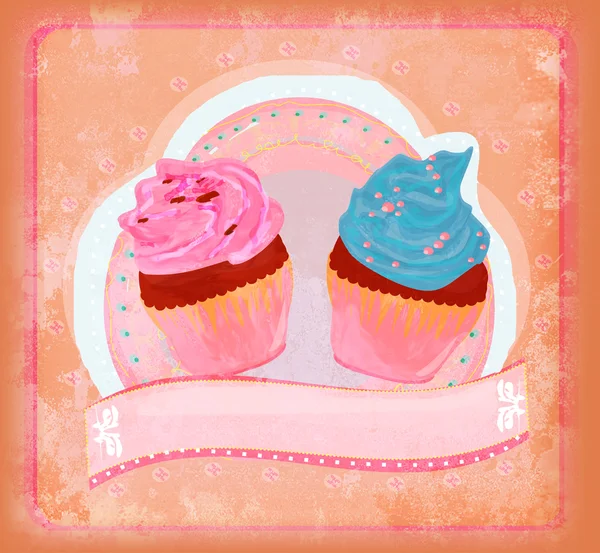 Tarjeta vintage con cupcake - raster — Foto de Stock