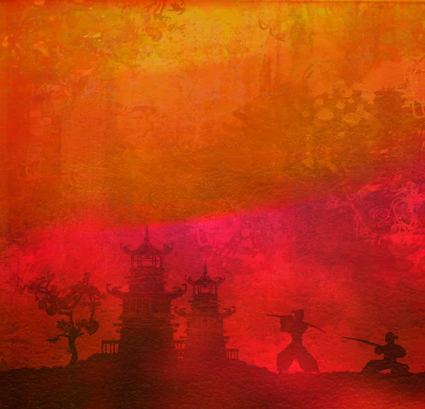Sylwetka samurajów w Azji krajobraz, raster — Zdjęcie stockowe