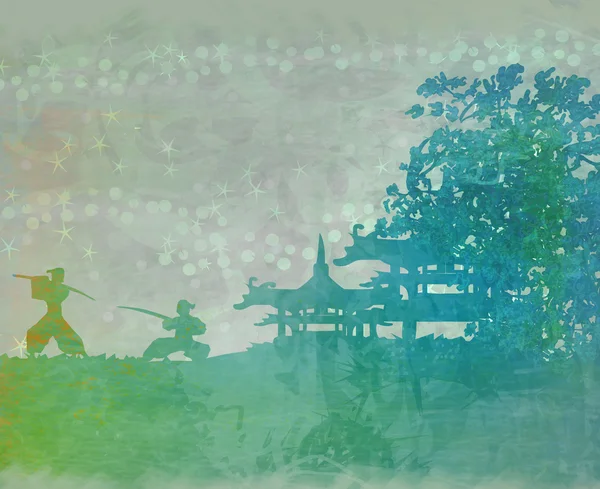Samurai-Silhouette in asiatischer Landschaft, Raster — Stockfoto