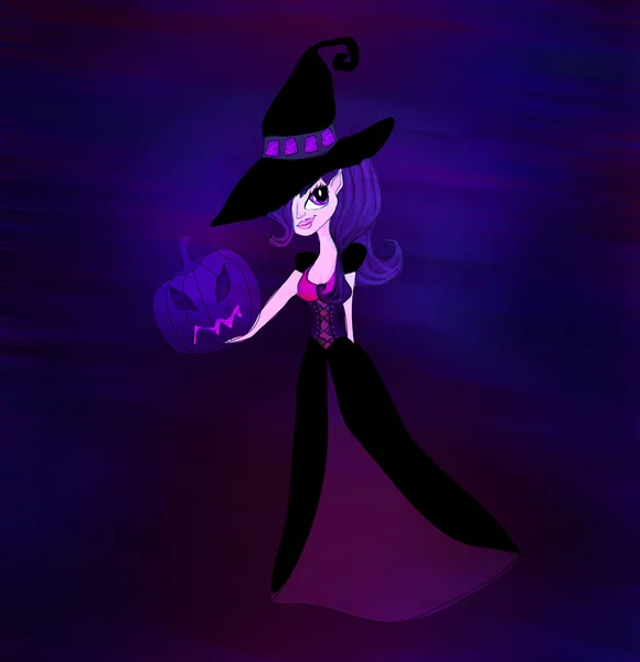 Хэллоуинская ведьма, стоящая с тыквами, растром — стоковое фото