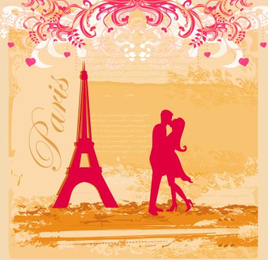 Paris 'te Eyfel Kulesi Retro kartının yanında öpüşen romantik bir çift.