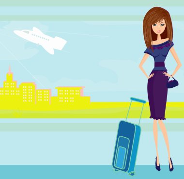 Beauty travel girl with baggage clipart