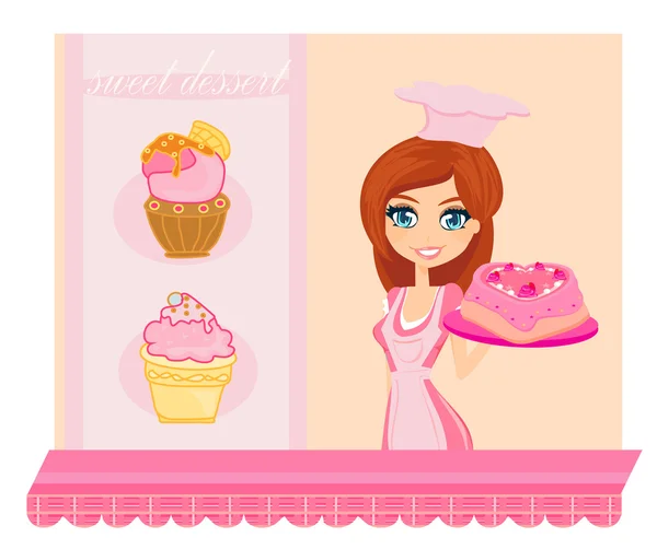 Ilustración de una mujer vende pastel en una panadería — Vector de stock