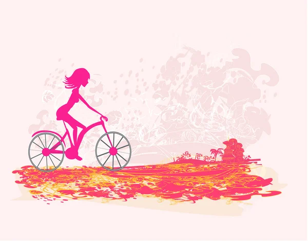 带着人物形象女孩骑单车的大海报 — 图库矢量图片