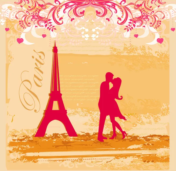 Ρομαντικό ζευγάρι στο Παρίσι φιλιά κοντά στον Πύργο του Άιφελ Retro κάρτα — Διανυσματικό Αρχείο