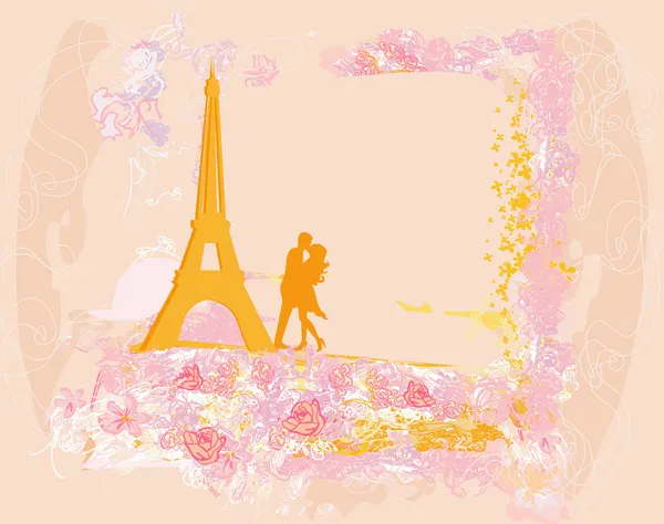 Romantikus pár Párizsban csókolózik az Eiffel-torony közelében Retro kártya — Stock Vector