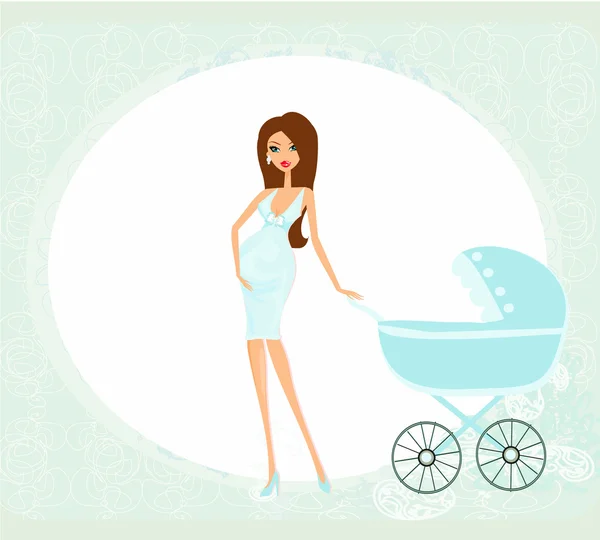 Güzel hamile bir kadın bebek arabasını itiyor. — Stok Vektör