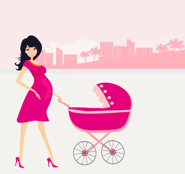 Красива вагітна жінка штовхає коляску — стоковий вектор