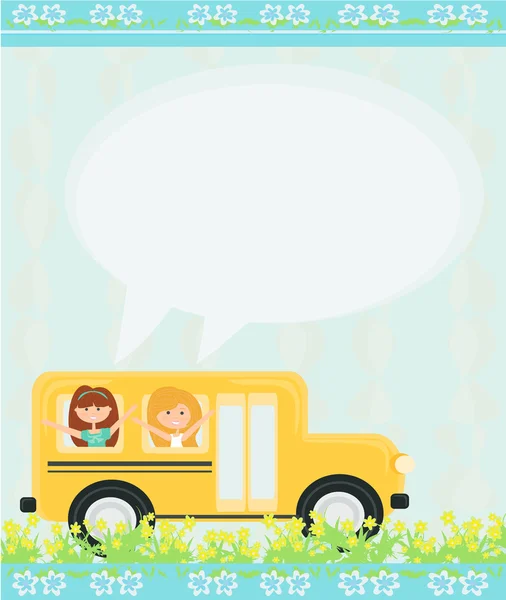 Schoolbus op weg naar school met gelukkige kinderen — Stockvector