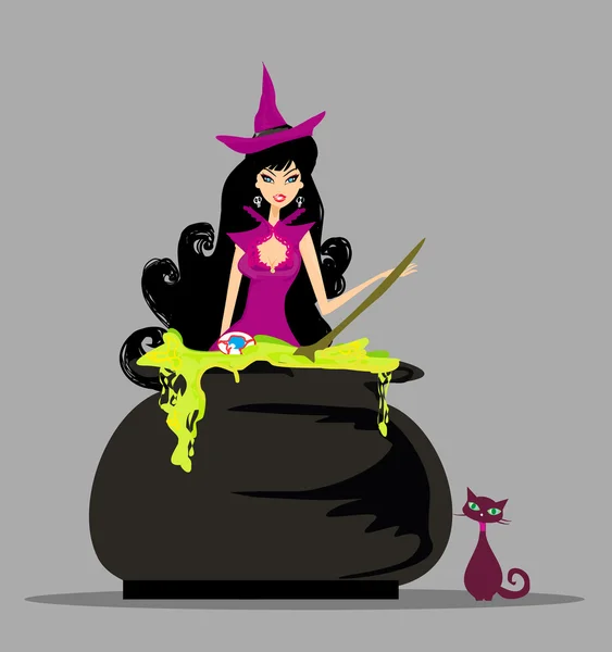 Halloween-Hexe bereitet Zaubertrank zu — Stockvektor
