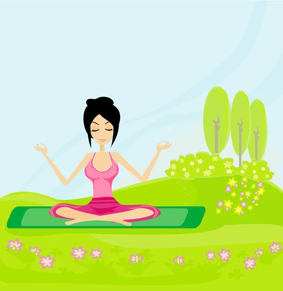 Kız oturur ve meditasyon yapar. — Stok Vektör