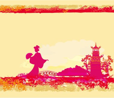 Abstract Asian Landscape with geisha silhouette clipart