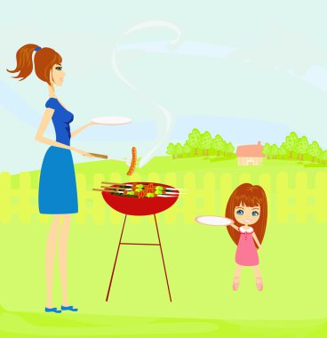 Parkta piknik yapan bir ailenin vektör çizimi