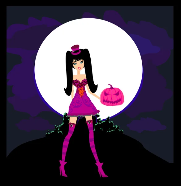 Halloween-Hexe steht mit Kürbis — Stockvektor