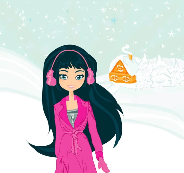 Γλυκό κορίτσι χειμώνα στο χειμερινό τοπίο — Διανυσματικό Αρχείο