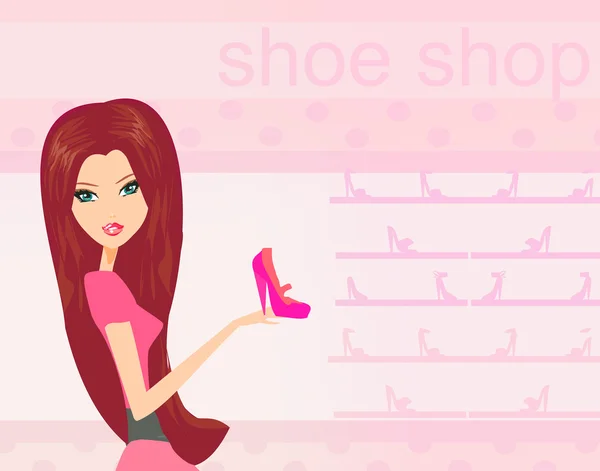 Moda dziewczyna zakupy w sklep obuwniczy wektor ilustracji — Wektor stockowy