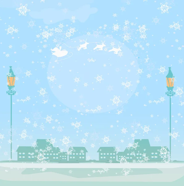 Щасливого нового року картку з Санта, мила дівчина і зимовий пейзаж — стоковий вектор