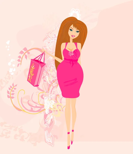 Krásná těhotná žena na nákupy pro její nové dítě vektor ilustrace — Stockový vektor