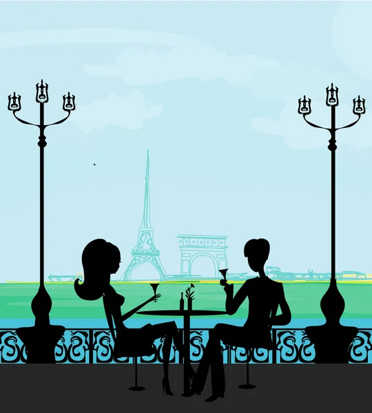 年轻夫妇在巴黎调情，喝香槟 — 图库矢量图片