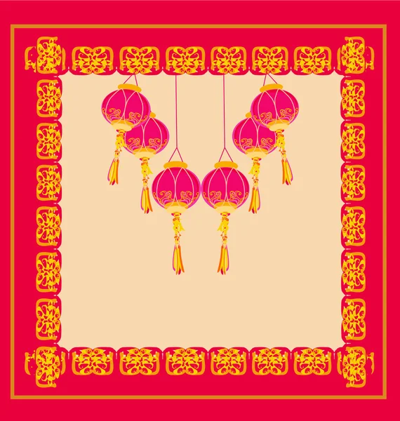 Año Nuevo Chino con tarjeta de linternas, ilustración vectorial — Vector de stock