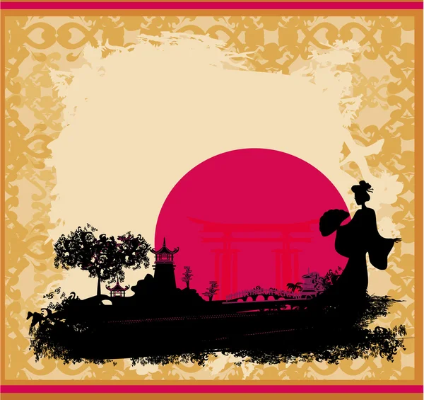 Abstract Asian Landscape with geisha silhouette — Stock Vector