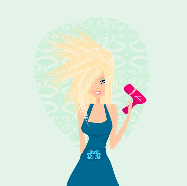 Piękna kobieta suszenie włosów przez suszarkę — Wektor stockowy