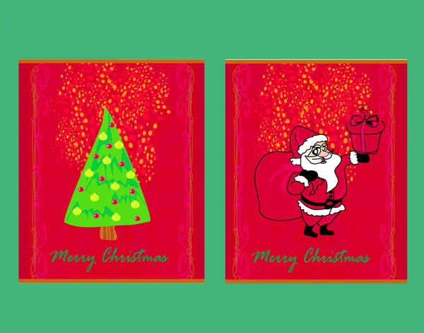 サンタとクリスマスツリーとハッピーニューイヤーカード — ストックベクタ