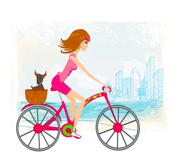 Şehirde bisiklet süren bir kadın. — Stok Vektör