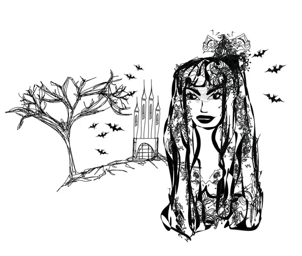 Halloween Hexe - Doodle Vector Grunge Portrait — Stockvektor