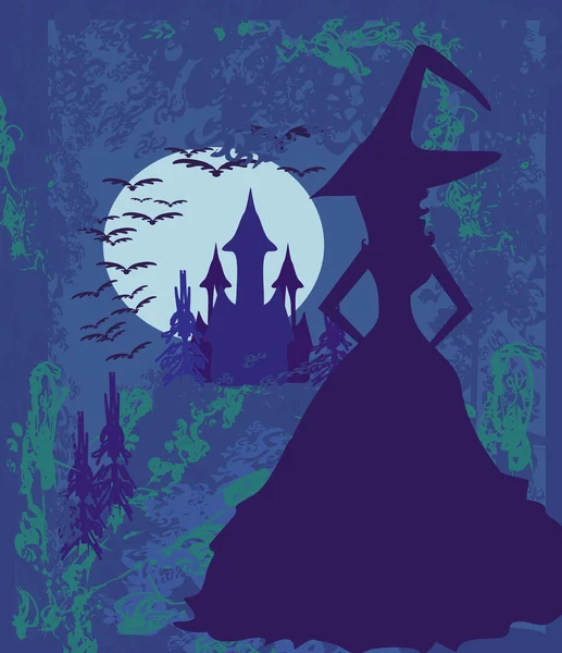 Fond d'Halloween grungy avec maison hantée et sorcière — Image vectorielle