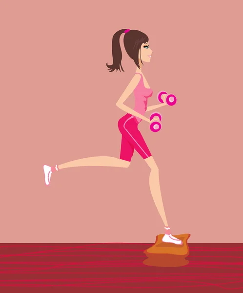 Mulher exercitando com dois pesos haltere em suas mãos — Vetor de Stock