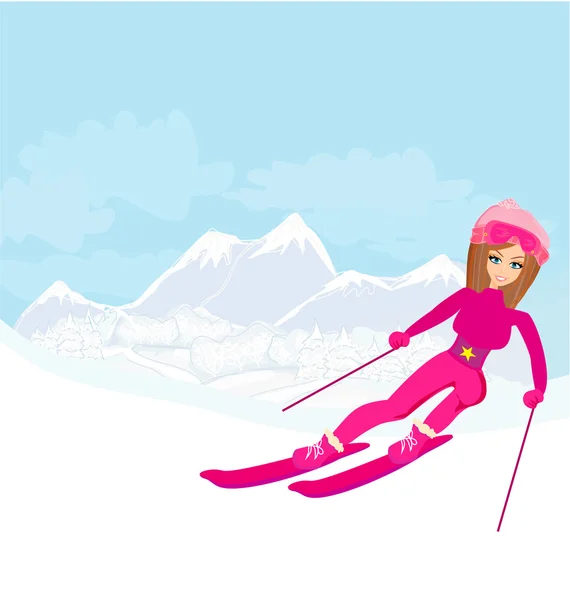Illustration einer jungen Frau beim Skifahren auf einem schneebedeckten Berg — Stockvektor