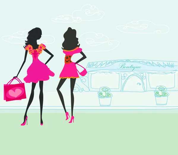 Fashion silhouettes girls Shopping in the city — Stock Vector