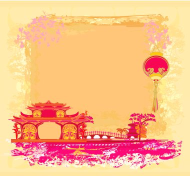 Old paper with Asian Landscape and Chinese Lanterns - vintage ja clipart