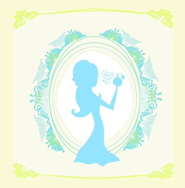 Mulher bonita pulverização perfume - cartaz silhueta — Vetor de Stock