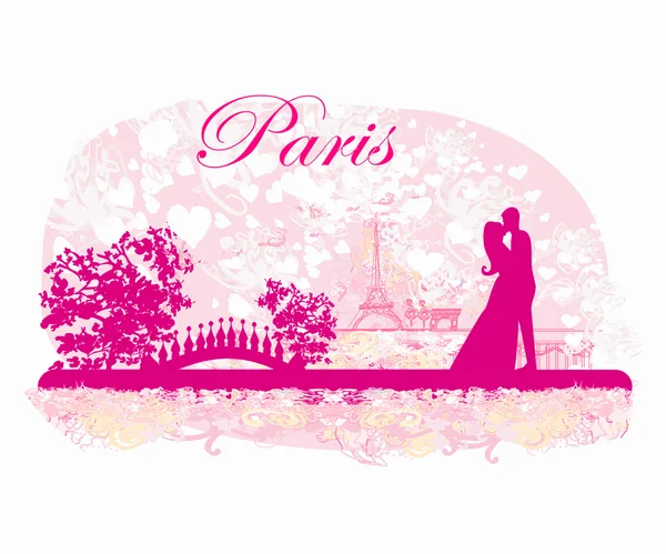 Романтична пара в Парижі цілується біля Ейфелева вежа ретро-автомобіль — стоковий вектор