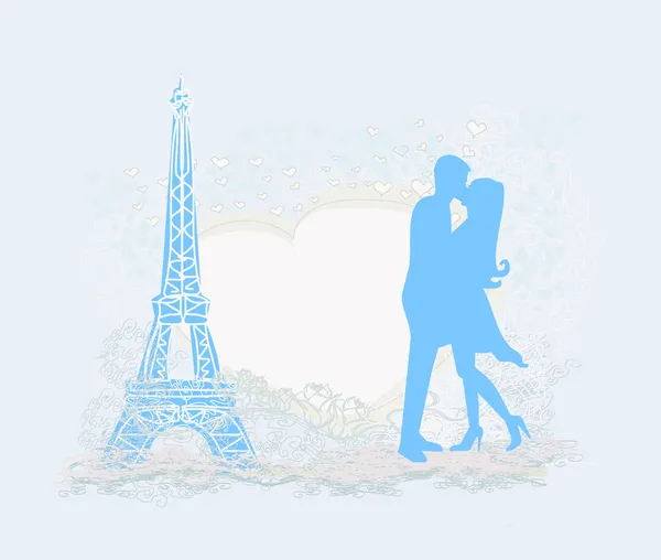 Romantisches Paar in Paris küsst sich in der Nähe des Eiffelturms Retro-Auto — Stockvektor