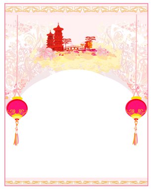 Old paper with Asian Landscape and Chinese Lanterns - vintage ja clipart