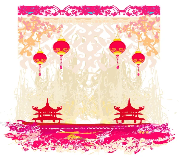 Vecchia carta con paesaggio asiatico e lanterne cinesi - ja vintage — Vettoriale Stock