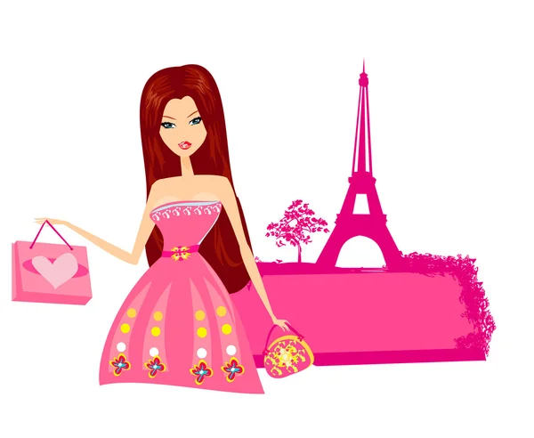 Mulheres bonitas Compras em Paris - cartão vetorial — Vetor de Stock
